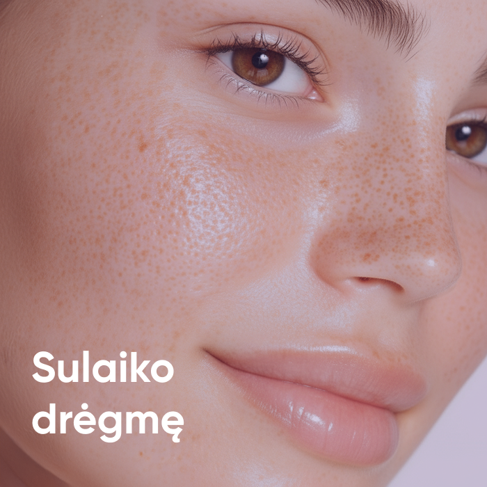 Arti priartintas moters veido vaizdas su strazdanomis ir švytinčia oda – sulaiko drėgmę.