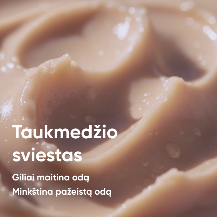 Taukmedžio sviesto tekstūra – giliai maitina odą ir minkština pažeistą odą.