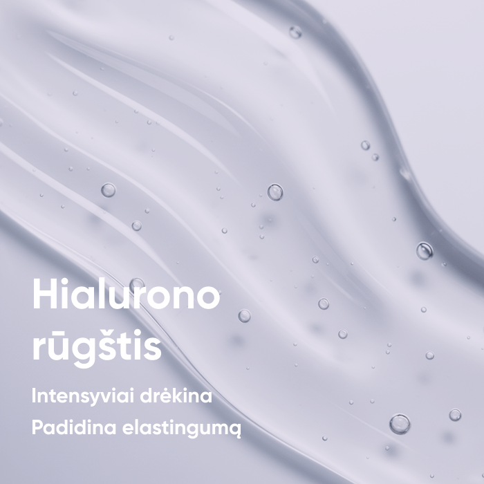 Hialurono rūgšties tekstūra su oro burbuliukais – intensyviai drėkina ir padidina odos elastingumą.