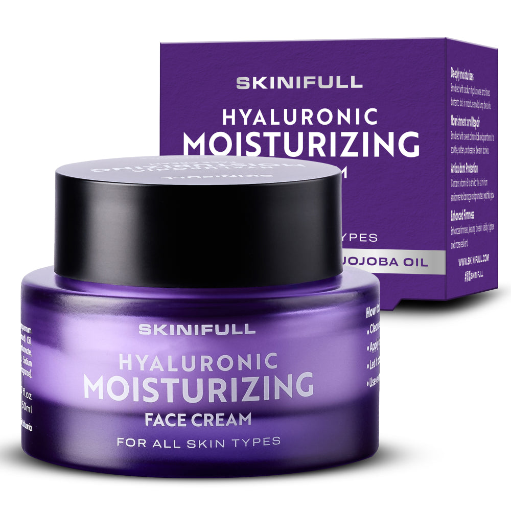 Purple jar of Skinifull Hyaluronic Moisturizing Face Cream with packaging in the background.