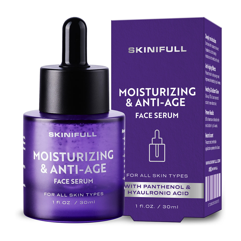 SKINIFULL moisturizing and anti-age face serum with packaging on a white background