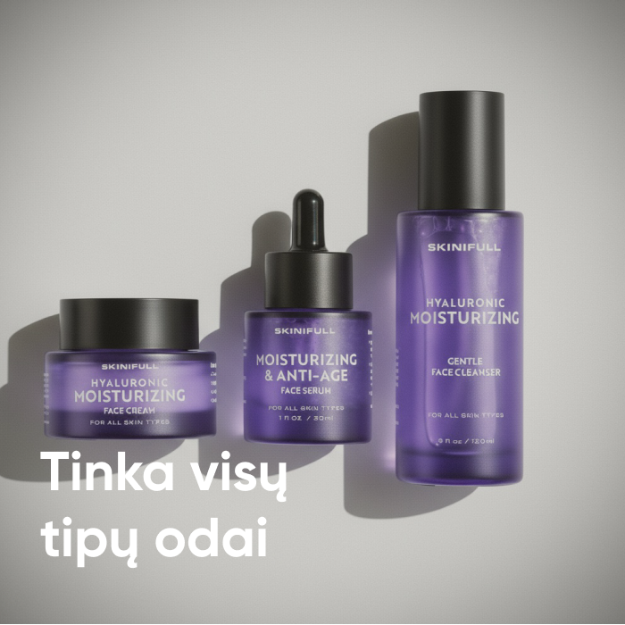 Skinifull Hyaluronic Moisturizing produktų rinkinys – veido kremas, serumas ir prausiklis, tinkantys visų tipų odai.