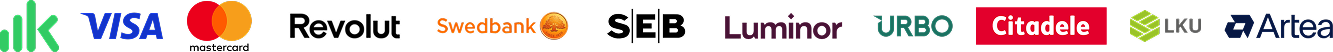 Priimami mokėjimai per Visa, Mastercard, Revolut, Swedbank, SEB, Luminor, Šiaulių banką (Urbo), Citadele, LKU ir Artea.