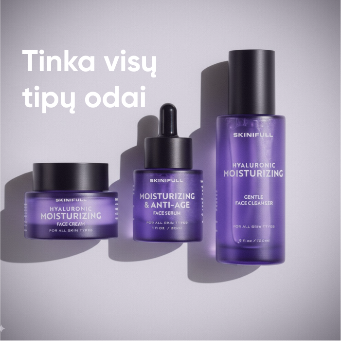 Trys Skinifull produktai – drėkinantis veido kremas, drėkinantis ir stangrinantis serumas bei švelnus veido prausiklis, tinkantys visų tipų odai.