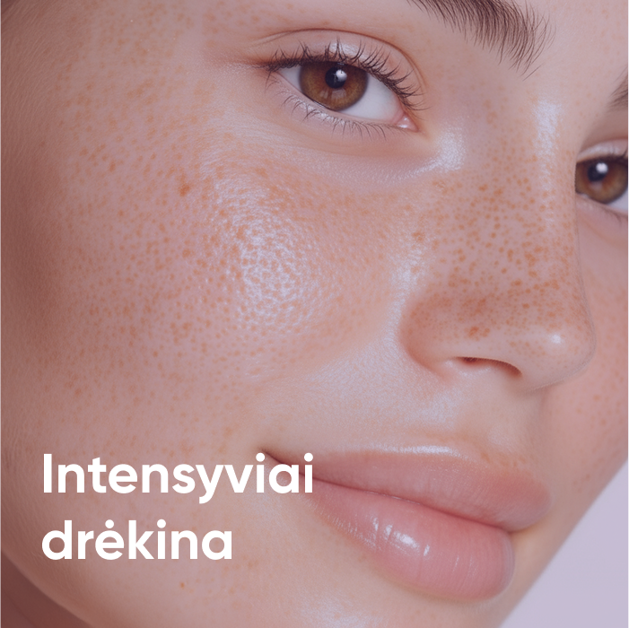 Artimas vaizdas į moters veidą su strazdanomis, rodantis lygią odą.