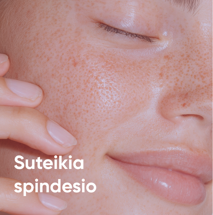 Artimas moters veido vaizdas su užmerktomis akimis ir šypsena – Skinifull suteikia odai spindesio.